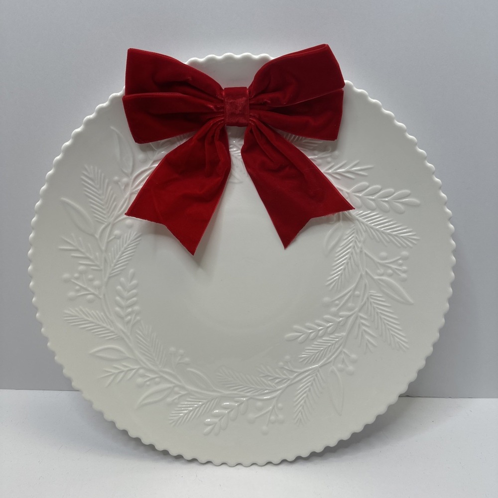 Mary Square Embossed Wreath Platter 14" Round with Removable Red Velvet Bow New